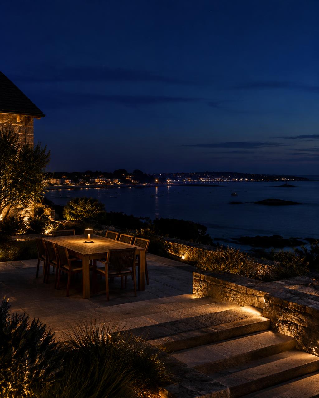 Terrasse en granit éclairée face à la baie, le soir
